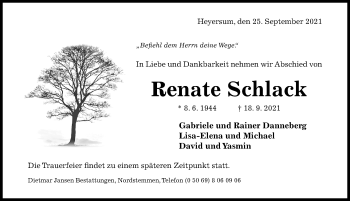 Traueranzeige von Renate Schlack von Hildesheimer Allgemeine Zeitung