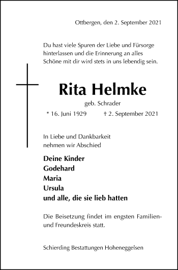 Traueranzeige von Rita Helmke von Hildesheimer Allgemeine Zeitung