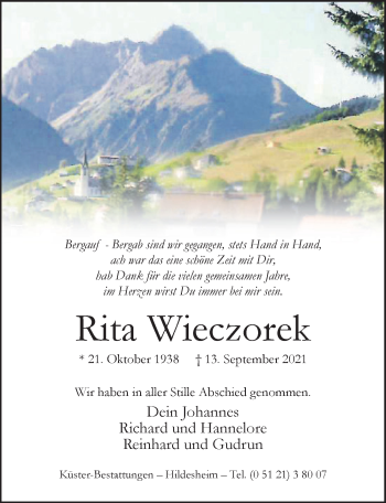 Traueranzeige von Rita Wieczorek von Hildesheimer Allgemeine Zeitung