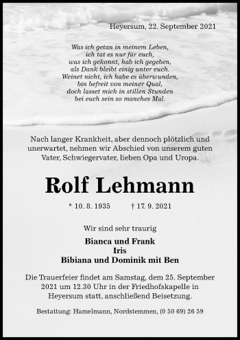 Traueranzeige von Rolf Lehmann von Hildesheimer Allgemeine Zeitung