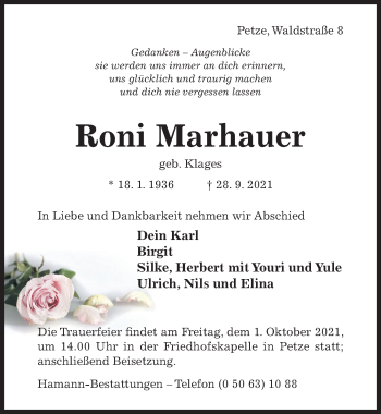 Traueranzeige von Roni Marhauer von Hildesheimer Allgemeine Zeitung