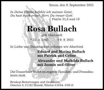 Traueranzeige von Rosa Bullach von Hildesheimer Allgemeine Zeitung