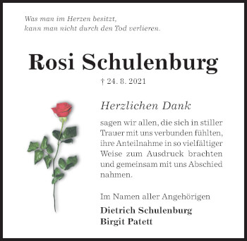 Traueranzeige von Rosi Schulenburg von Hildesheimer Allgemeine Zeitung