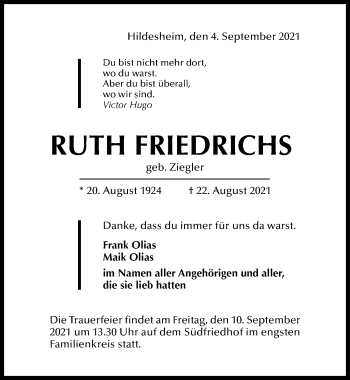 Traueranzeige von Ruth Friedrichs von Hildesheimer Allgemeine Zeitung