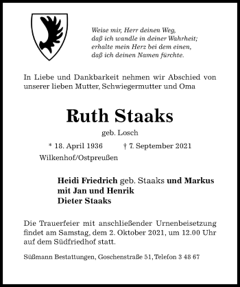 Traueranzeige von Ruth Staaks von Hildesheimer Allgemeine Zeitung