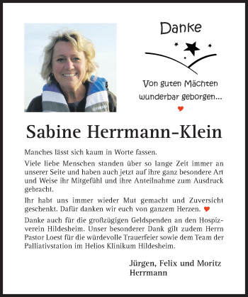 Traueranzeige von Sabine Herrmann-Klein von Hildesheimer Allgemeine Zeitung