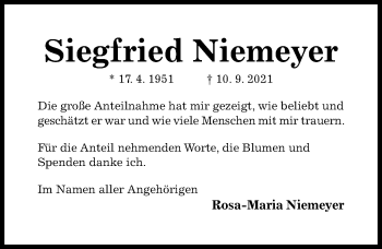 Traueranzeige von Siegfried Niemeyer von Hildesheimer Allgemeine Zeitung