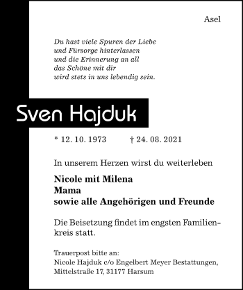 Traueranzeige von Sven Hajduk von Hildesheimer Allgemeine Zeitung