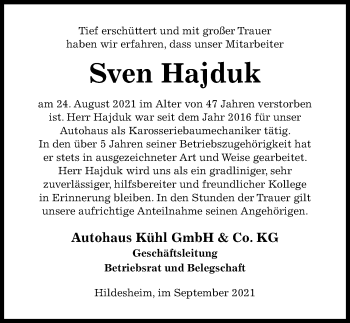 Traueranzeige von Sven Hajduk von Hildesheimer Allgemeine Zeitung