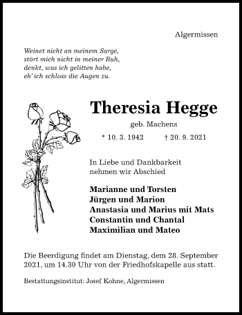 Traueranzeige von Theresia Hegge von Hildesheimer Allgemeine Zeitung