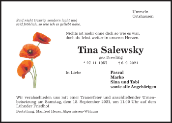 Traueranzeige von Tina Salewsky von Hildesheimer Allgemeine Zeitung