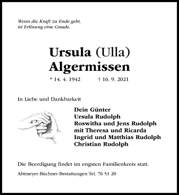 Traueranzeige von Ursula Algermissen von Hildesheimer Allgemeine Zeitung