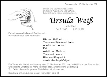 Traueranzeige von Ursula Weiß von Hildesheimer Allgemeine Zeitung