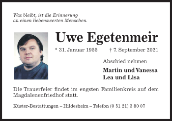 Traueranzeige von Uwe Egetenmeir von Hildesheimer Allgemeine Zeitung