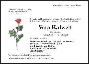 Traueranzeige von Vera Kalweit von Hildesheimer Allgemeine Zeitung