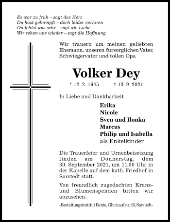 Traueranzeige von Volker Dey von Hildesheimer Allgemeine Zeitung