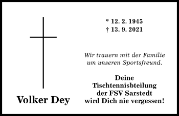 Traueranzeige von Volker Dey von Hildesheimer Allgemeine Zeitung