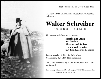 Traueranzeige von Walter Schreiber von Hildesheimer Allgemeine Zeitung