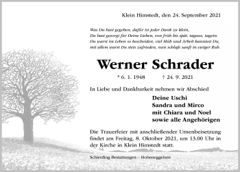 Traueranzeige von Werner Schrader von Hildesheimer Allgemeine Zeitung