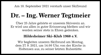 Traueranzeige von Werner Tegtmeier von Hildesheimer Allgemeine Zeitung