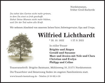 Traueranzeige von Wilfried Lichthardt von Hildesheimer Allgemeine Zeitung