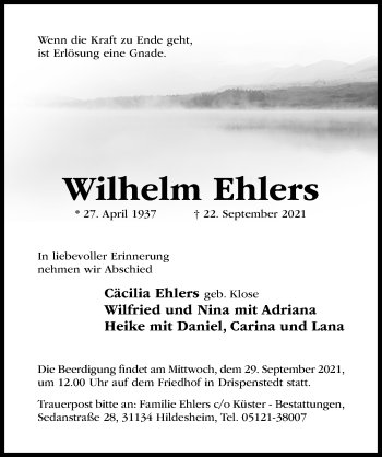 Traueranzeige von Wilhelm Ehlers von Hildesheimer Allgemeine Zeitung