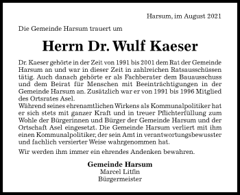 Traueranzeige von Wulf Kaeser von Hildesheimer Allgemeine Zeitung