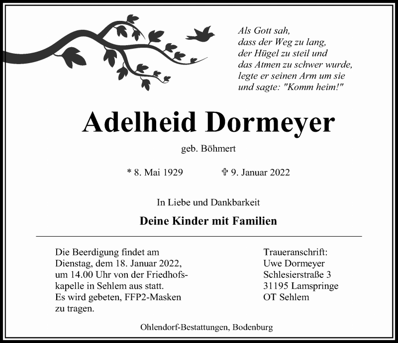  Traueranzeige für Adelheid Dormeyer vom 12.01.2022 aus Hildesheimer Allgemeine Zeitung