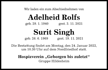 Traueranzeige von Adelheid Rolfs von Hildesheimer Allgemeine Zeitung