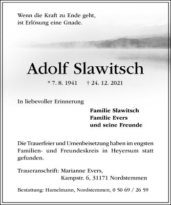 Traueranzeige von Adolf Slawitsch von Hildesheimer Allgemeine Zeitung