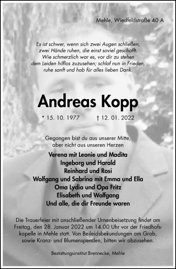 Traueranzeige von Andreas Kopp von Hildesheimer Allgemeine Zeitung