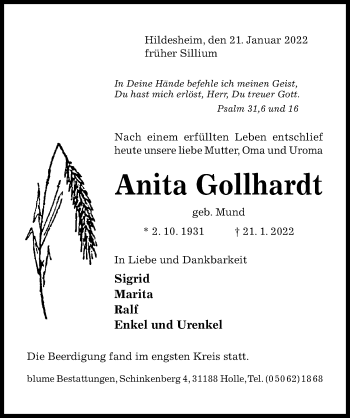 Traueranzeige von Anita Gollhardt von Hildesheimer Allgemeine Zeitung