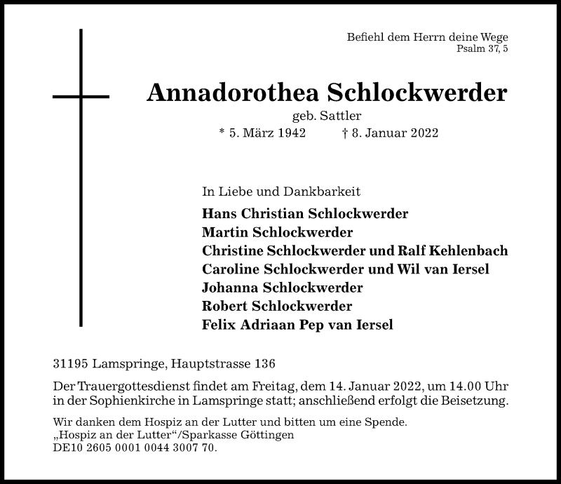  Traueranzeige für Annadorothea Schlockwerder vom 12.01.2022 aus Hildesheimer Allgemeine Zeitung