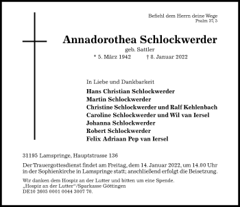 Traueranzeige von Annadorothea Schlockwerder von Hildesheimer Allgemeine Zeitung