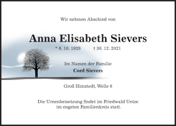 Traueranzeige von Anna Elisabeth Sievers von Hildesheimer Allgemeine Zeitung