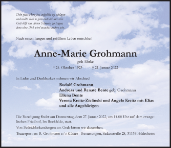 Traueranzeige von Anne-Marie Grohmann von Hildesheimer Allgemeine Zeitung