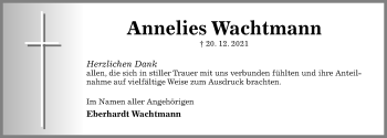 Traueranzeige von Annelies Wachtmann von Hildesheimer Allgemeine Zeitung