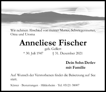 Traueranzeige von Anneliese Fischer von Hildesheimer Allgemeine Zeitung