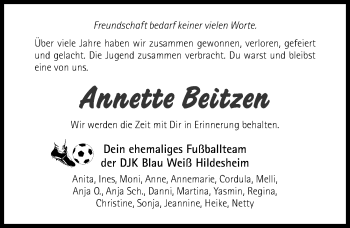 Traueranzeige von Annette Beitzen von Hildesheimer Allgemeine Zeitung