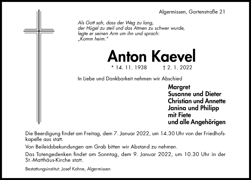  Traueranzeige für Anton Kaevel vom 05.01.2022 aus Hildesheimer Allgemeine Zeitung