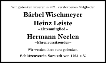 Traueranzeige von Bärbel Wischmeyer von Hildesheimer Allgemeine Zeitung