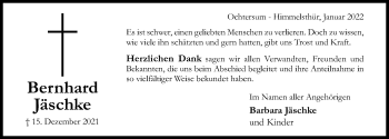 Traueranzeige von Bernhard Jäschke von Hildesheimer Allgemeine Zeitung