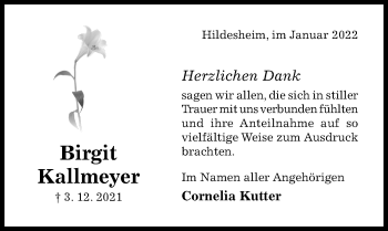 Traueranzeige von Birgit Kallmeyer von Hildesheimer Allgemeine Zeitung