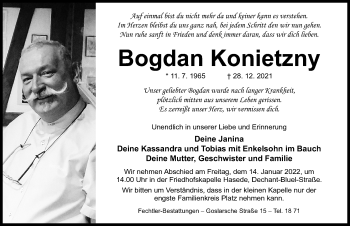 Traueranzeige von Bogdan Konietzny von Hildesheimer Allgemeine Zeitung