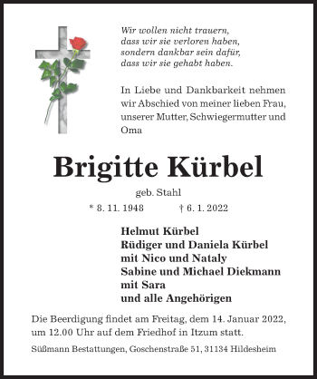 Traueranzeige von Brigitte Kürbel von Hildesheimer Allgemeine Zeitung