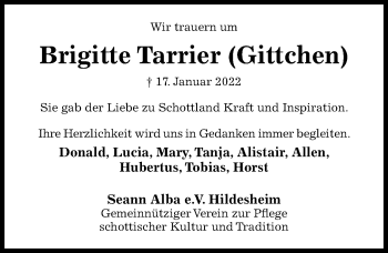 Traueranzeige von Brigitte Tarrier von Hildesheimer Allgemeine Zeitung