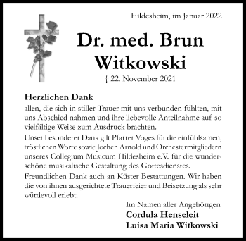 Traueranzeige von Brun Witkowski von Hildesheimer Allgemeine Zeitung