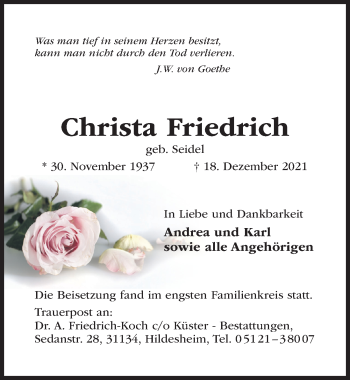 Traueranzeige von Christa Friedrich von Hildesheimer Allgemeine Zeitung