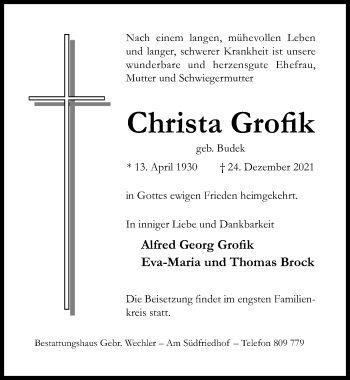 Traueranzeige von Christa Grofik von Hildesheimer Allgemeine Zeitung