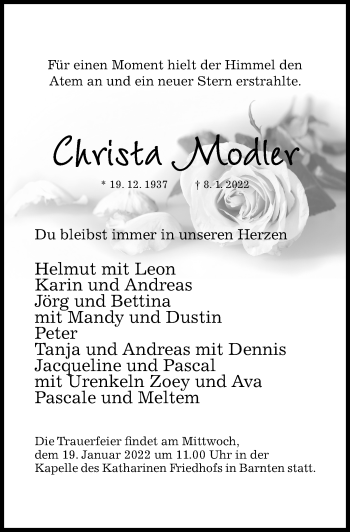 Traueranzeige von Christa Modler von Hildesheimer Allgemeine Zeitung